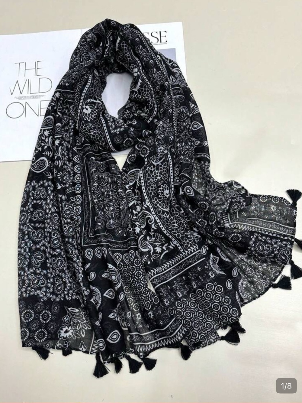 Cotton summer Black Paisley Tassel Scarf - Women Accessories